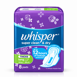Whisper Super Clean & Dry Long Heavy Flow (28cm) With Wings 8 Sanitary Pads