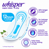 Whisper Super Clean & Dry Long Heavy Flow (28cm) With Wings 8 Sanitary Pads
