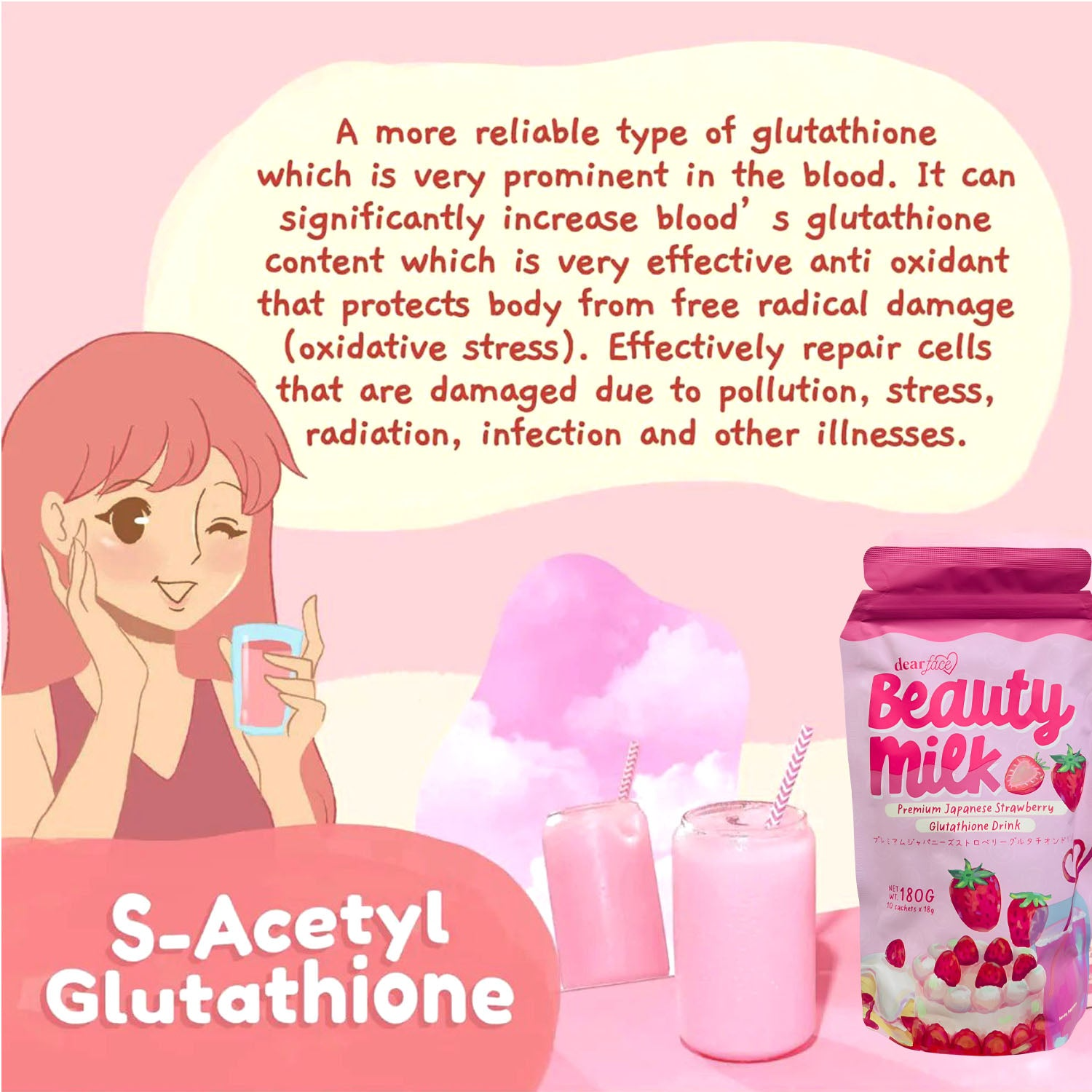 Dear Face Beauty Milk Premium Japanese Strawberry Drink - 180g Dear Face Beauty Milk Premium Japanese Strawberry Drink - 180g
