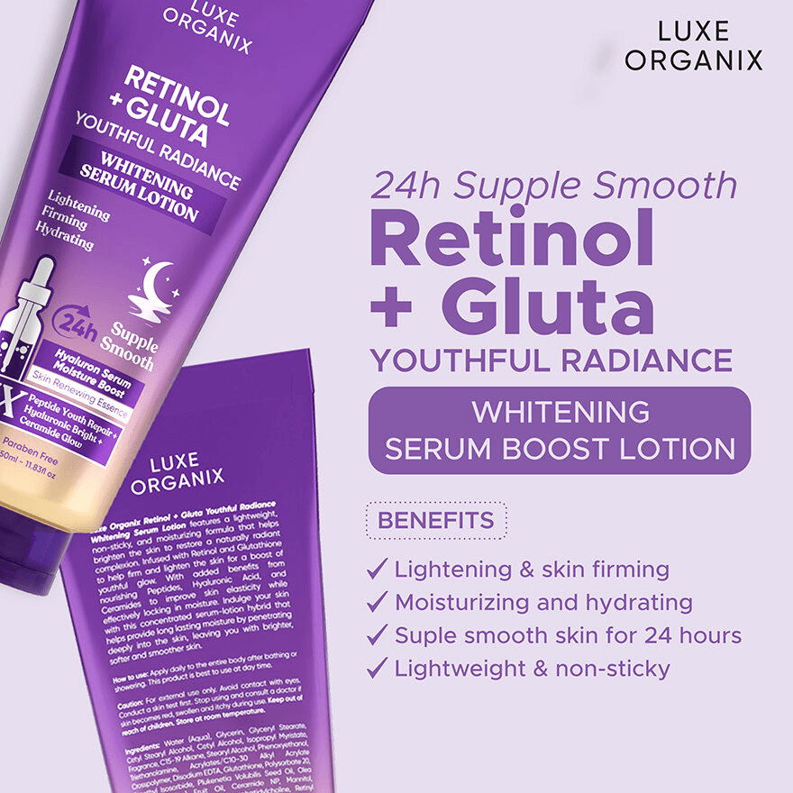 Luxe Organix Retinol + Gluta Youthful Radiance Brightening Serum Lotion - 350ml Luxe Organix Retinol + Gluta Youthful Radiance Brightening Serum Lotion - 350ml