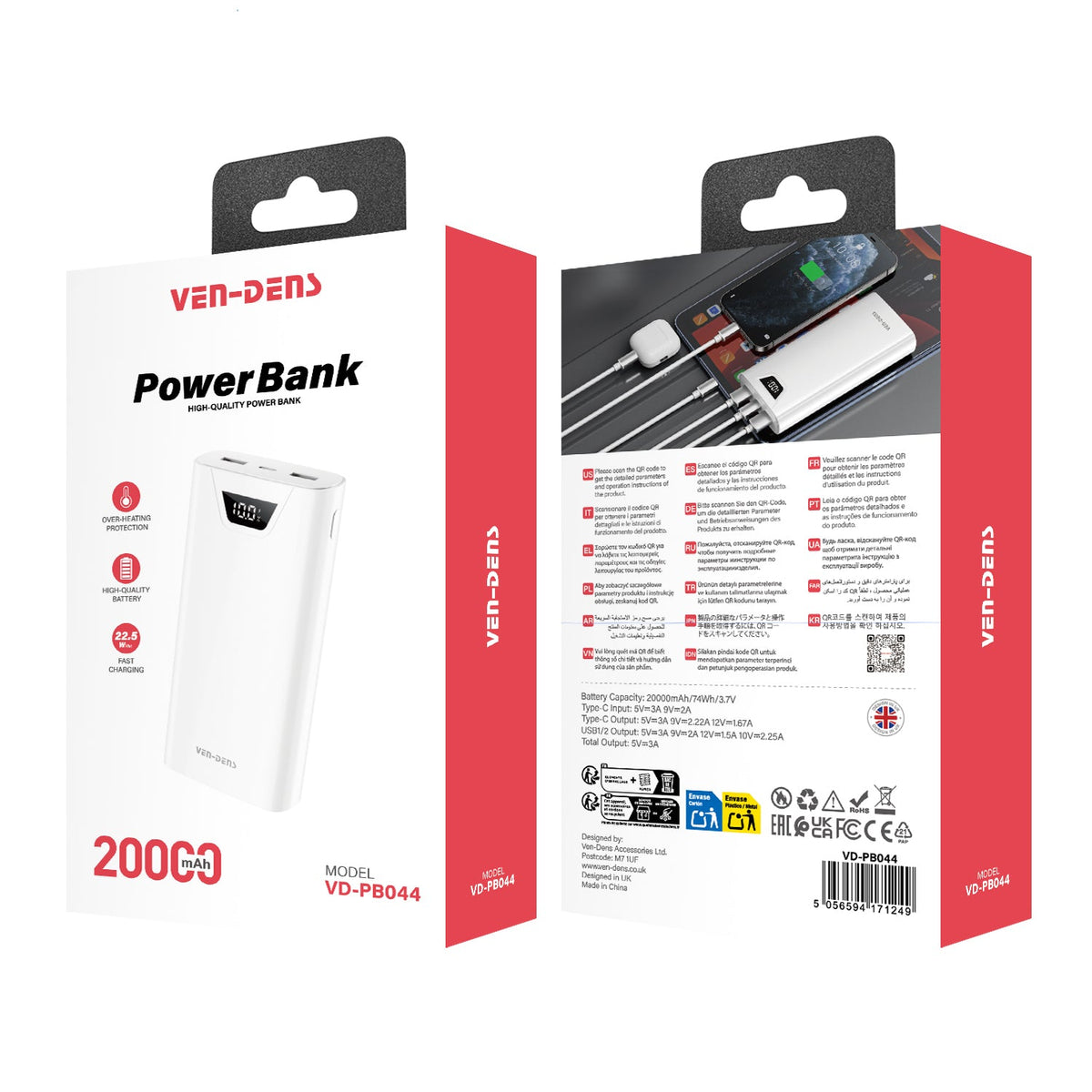 VEN-DENS High Quality Power Bank 20000mAh VD-PB044