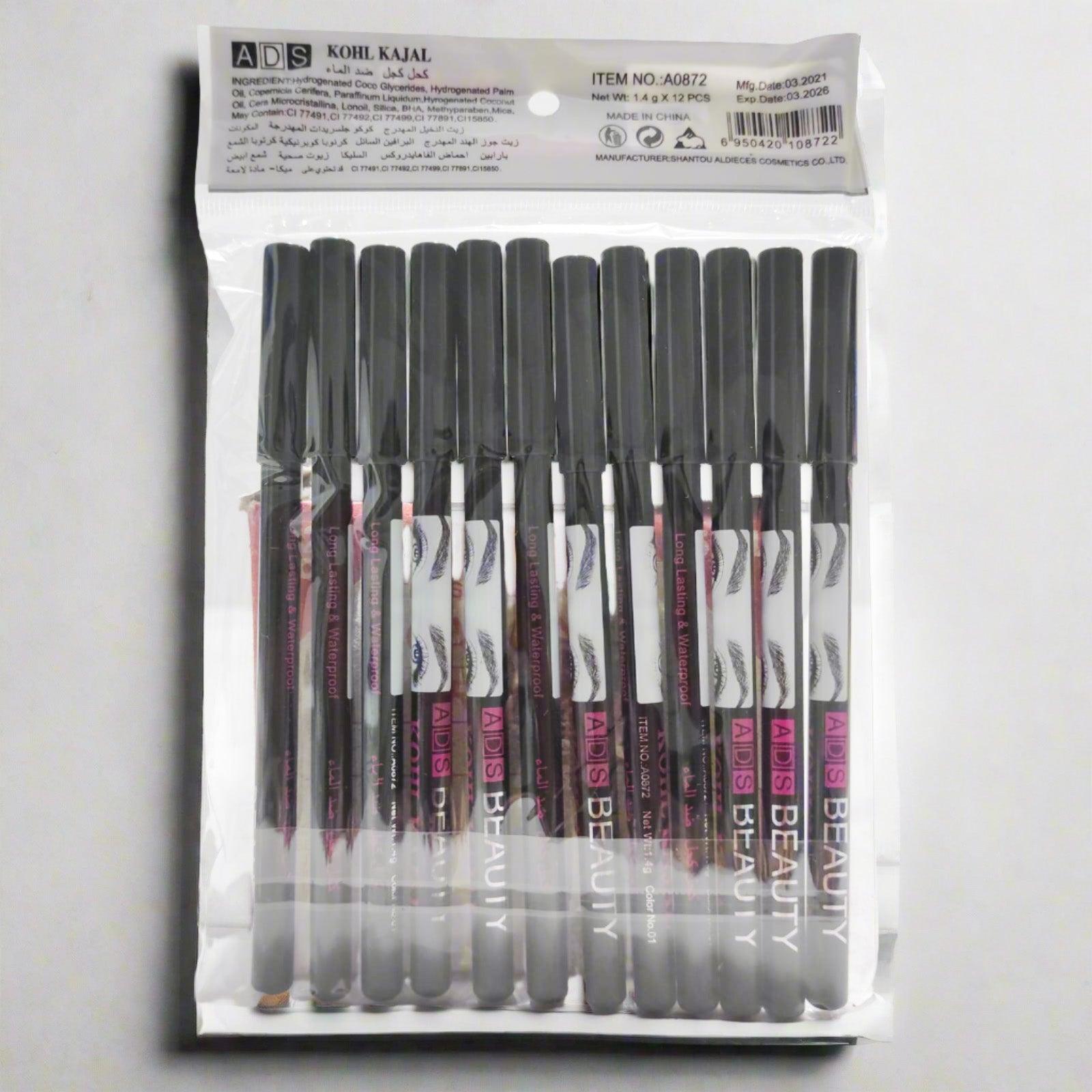 ADS Long Lasting & Waterproof Kohl Kajal Pencil - 1.4g × 12 Pcs