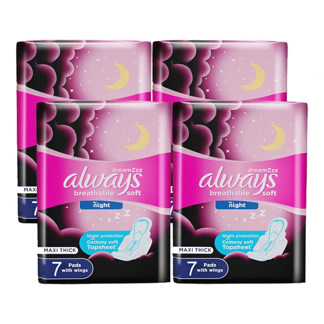 Always Breathable Soft Maxi Thick Night Sanitary Pads With Wings - 7 Pcs (3+1)