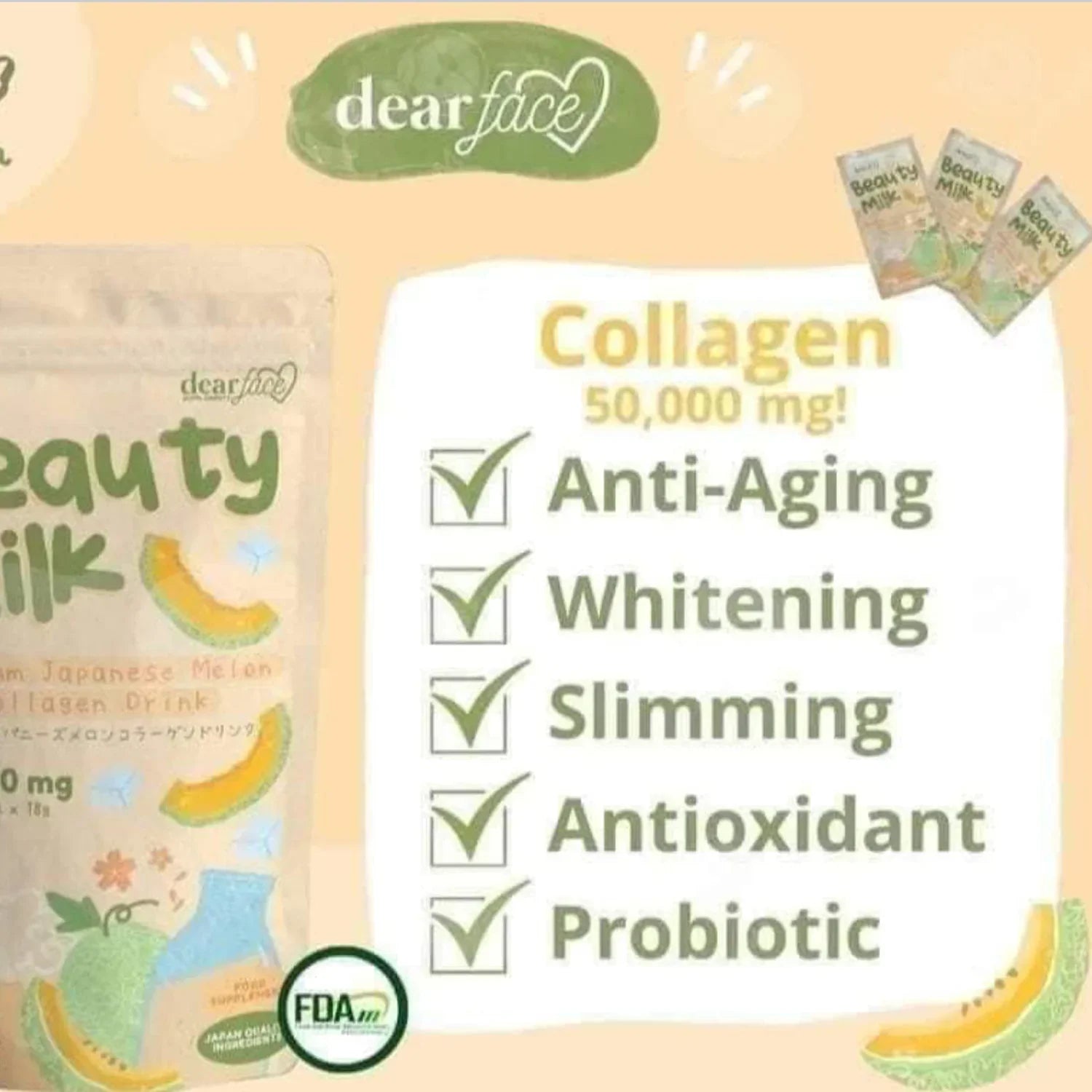 Dear Face Beauty Milk Premium Japanese Melon + Collagen Drink - 180g