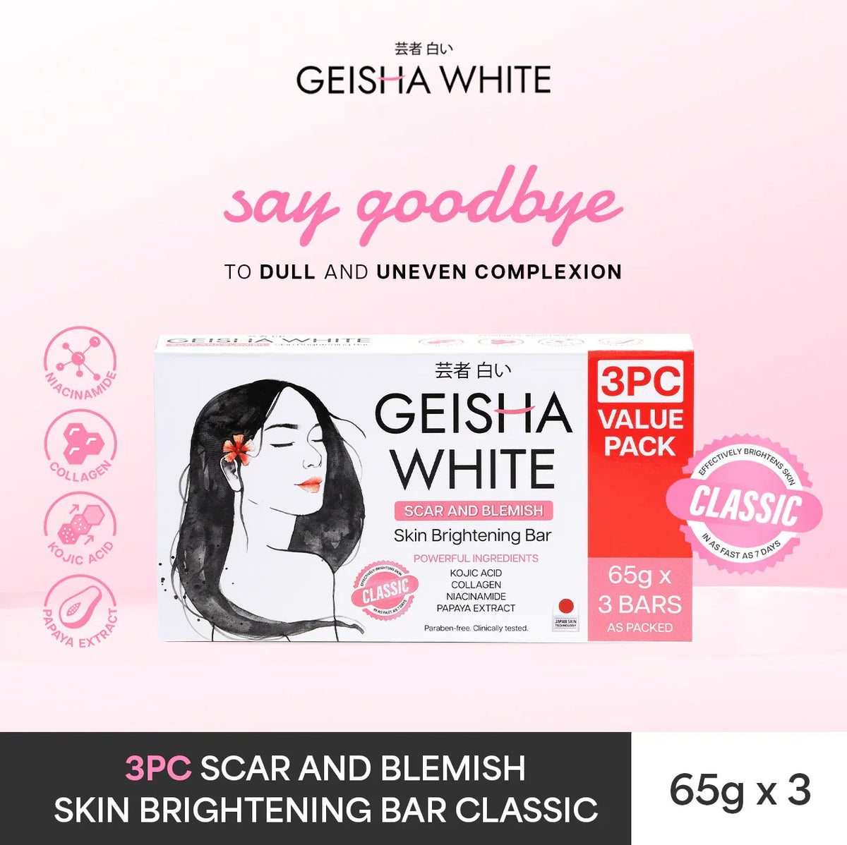 Geisha Soap White Classic Skin Brightening Bar - 65g x 3Pcs