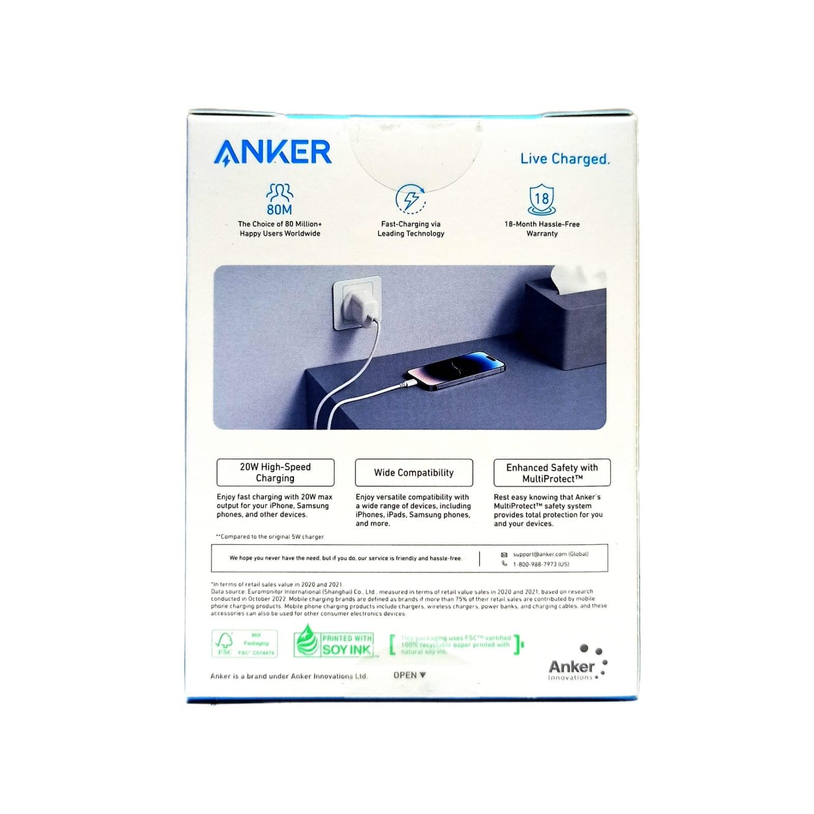 شاحن Anker الأصلي عالي السرعة USB-C بقوة 20 وات