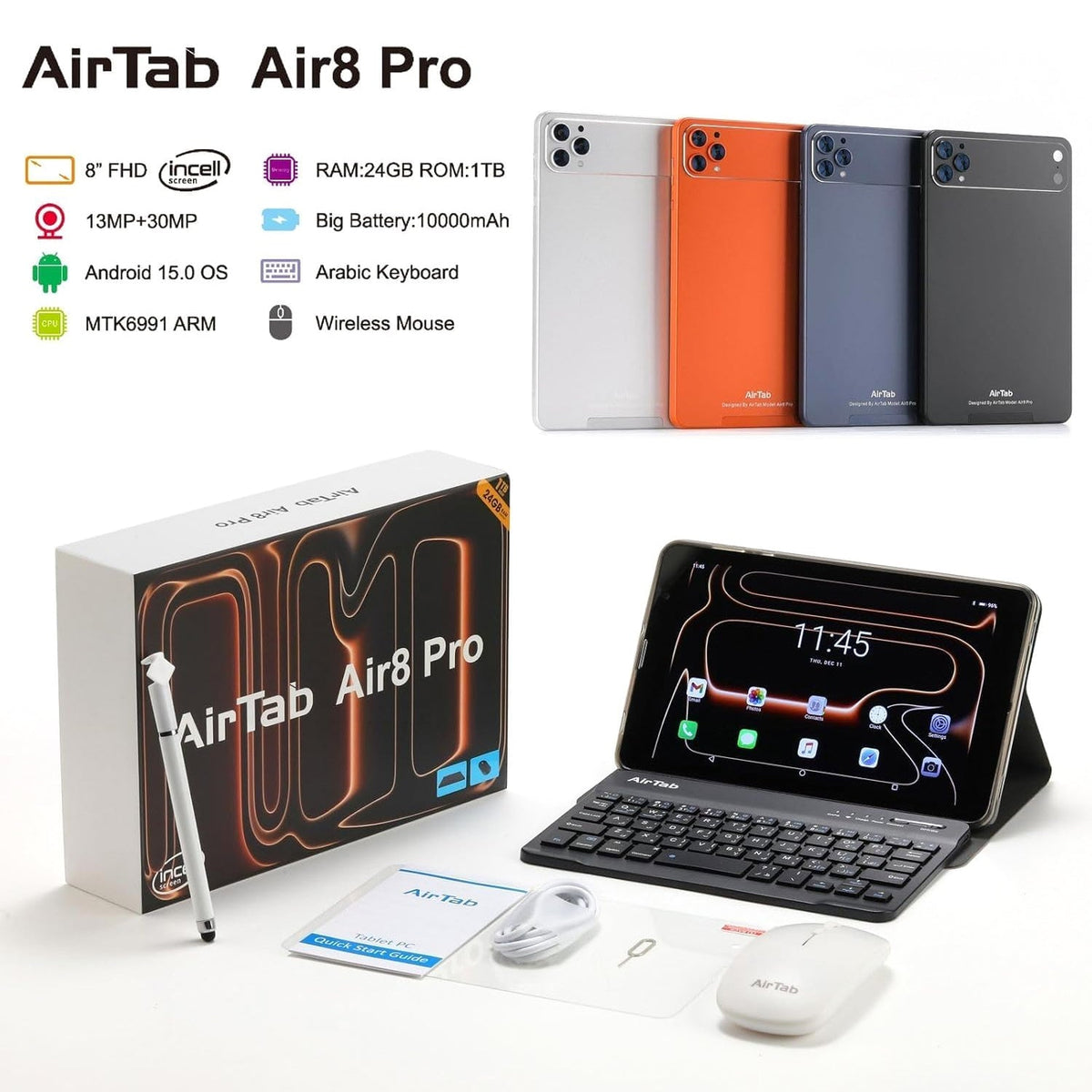 تابلت AirTab Air8 Pro مع ذاكرة وصول عشوائي (RAM) سعة 24 جيجابايت وذاكرة تخزين داخلية (ROM) سعة 1 تيرابايت ويدعم شبكات الجيل الخامس (5G)