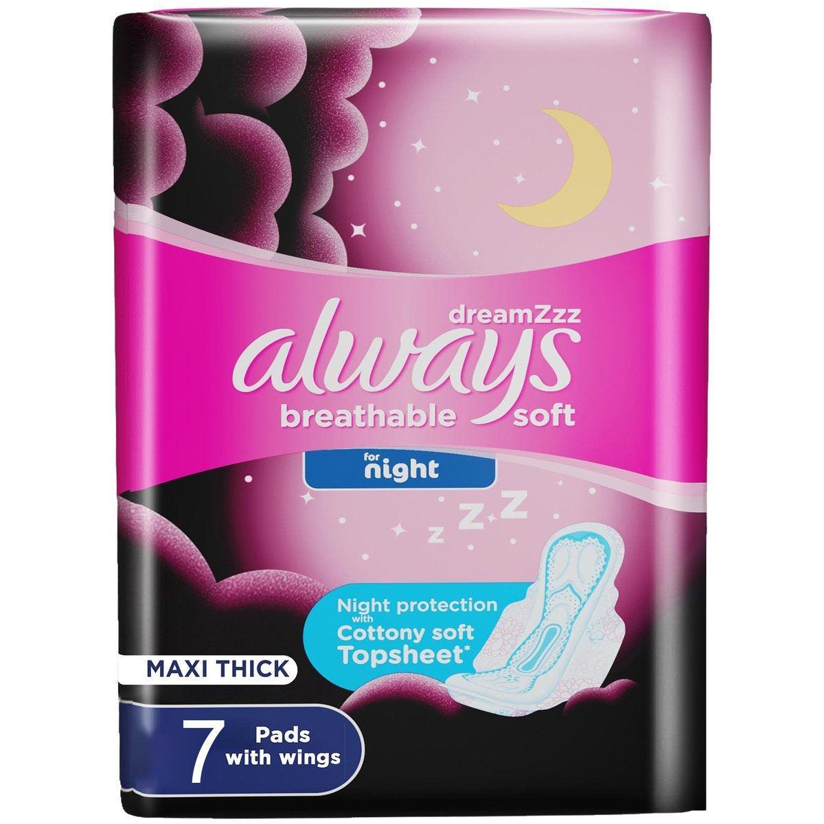 Always Breathable Soft Maxi Thick Night Sanitary Pads With Wings - 7 Pcs