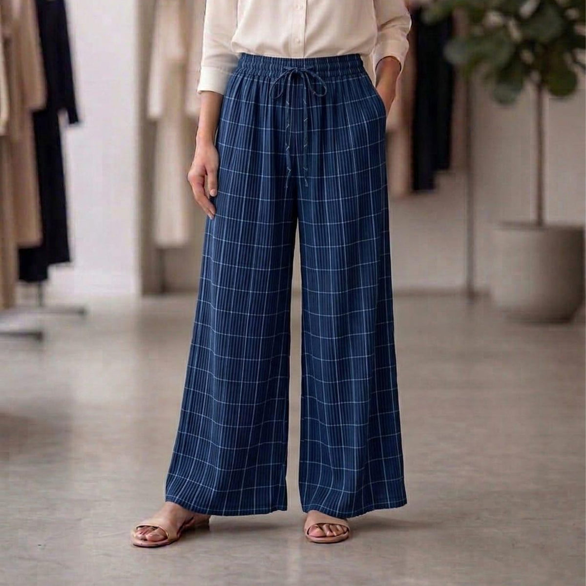 Check Drawstring Plaid Palazzo Pants - LDES-002-1#
