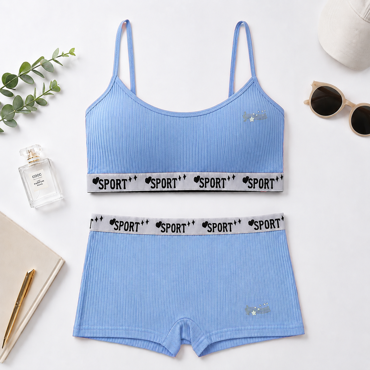 Ribbed Cotton Training Sports Bra & Shorts Set - MT502