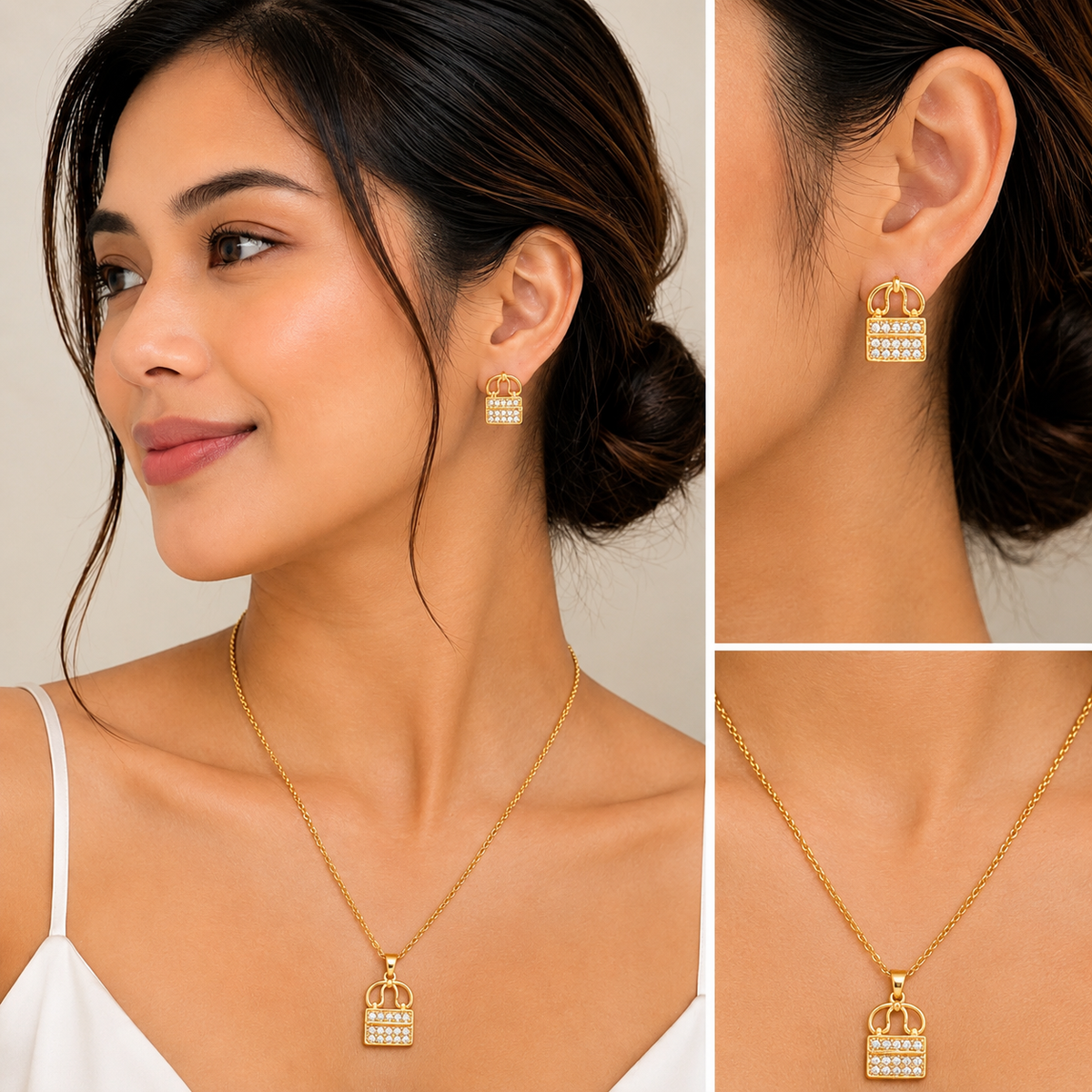 Crystal Padlock Crown Necklace & Earrings Jewelry Set - FJ255