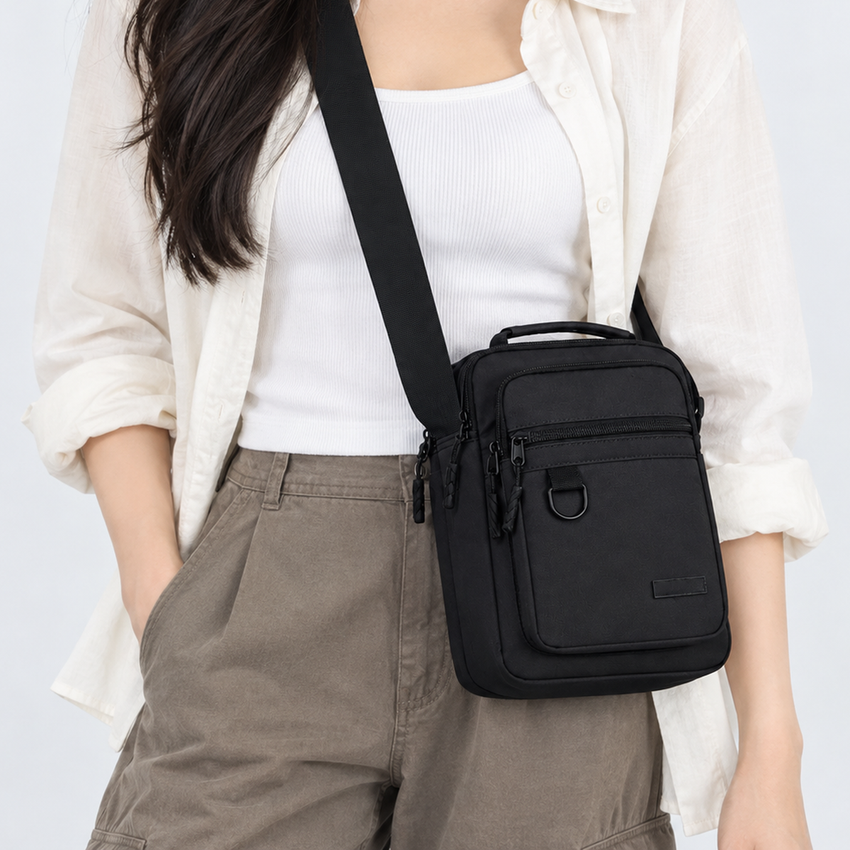 Crossbody Messenger Bag with Top Handle - 9707 (Black)