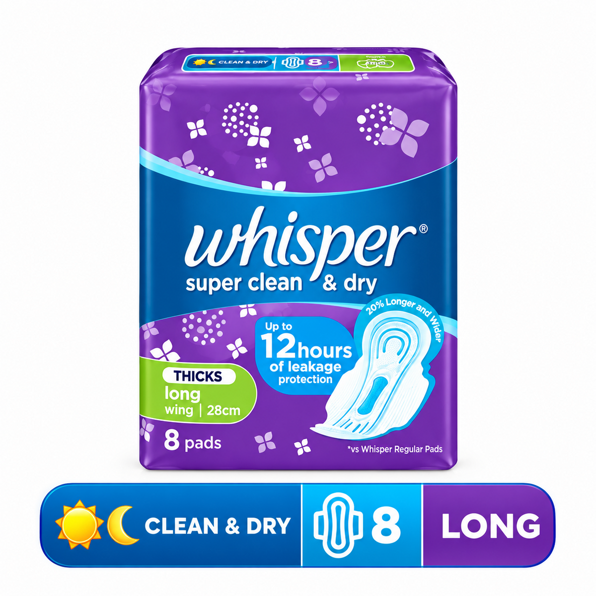 Whisper Super Clean & Dry Long Heavy Flow (28cm) With Wings 8 Sanitary Pads