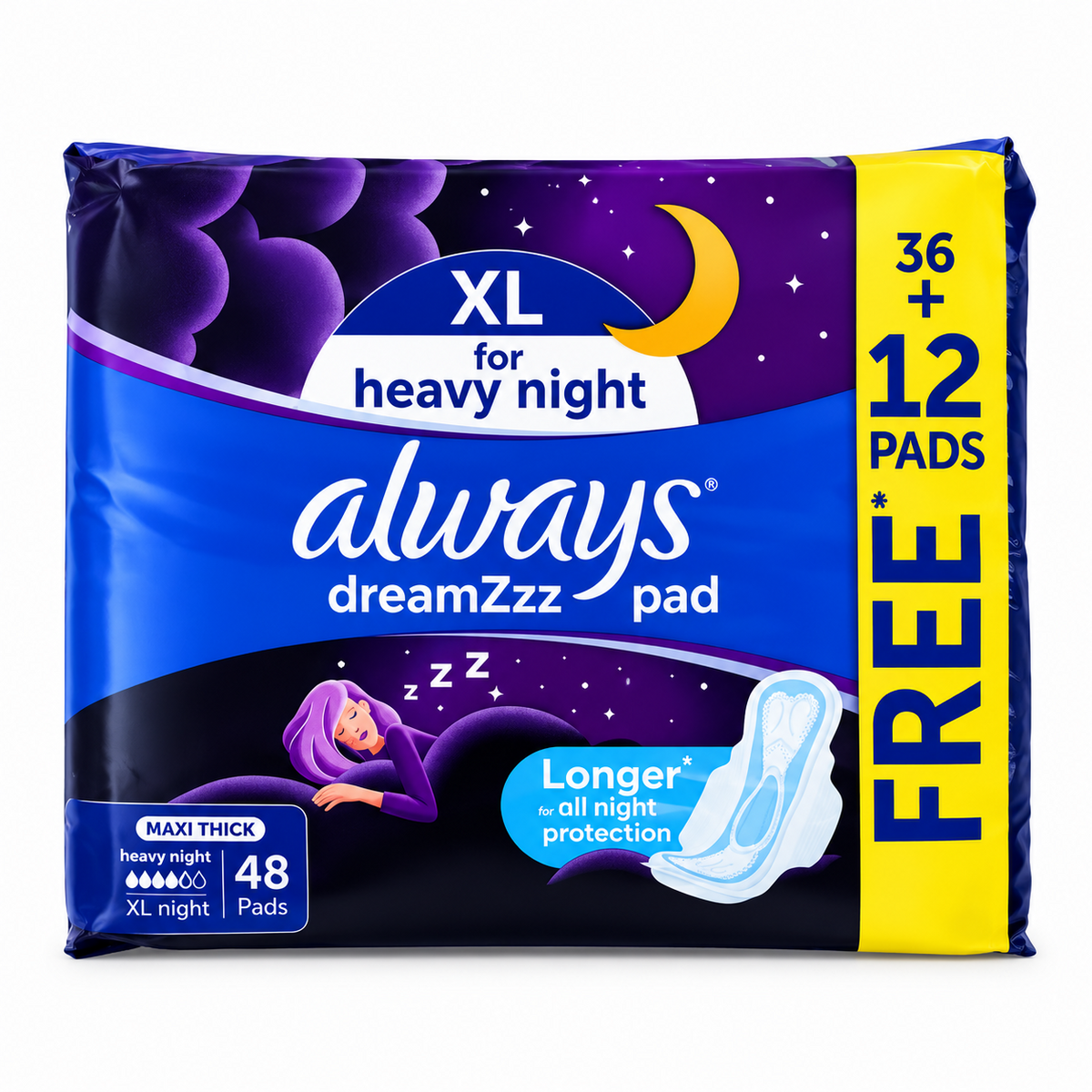 فوط صحية ليلية ماكسي سميكة XL من Always Dreamzzz، 48 فوطة