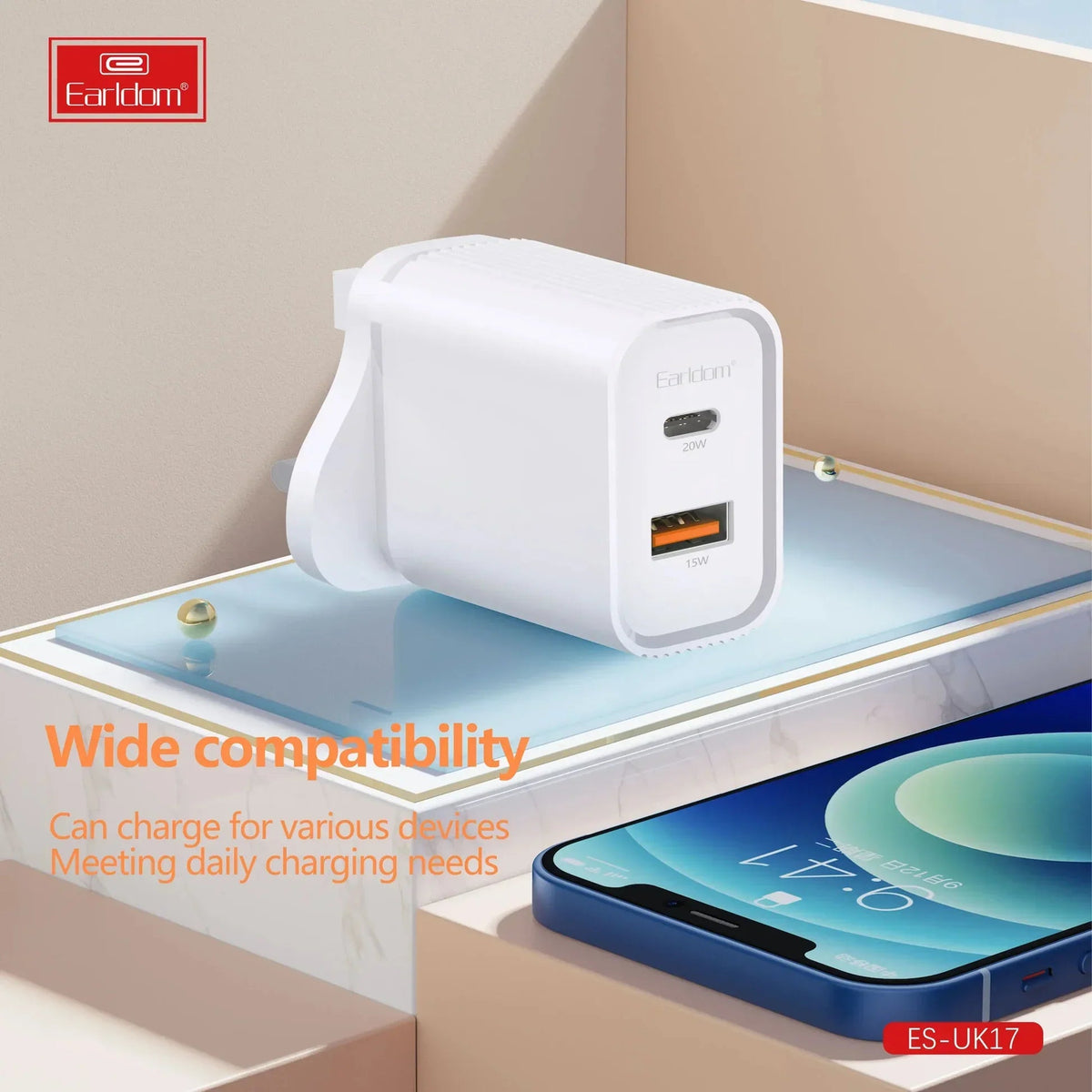Earldom Dual Port Travel Charger 20W PD + 18W - UK17