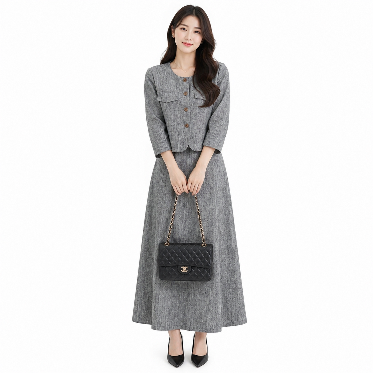Korean-Style Tweed Two-Piece Skirt Set - HY001#
