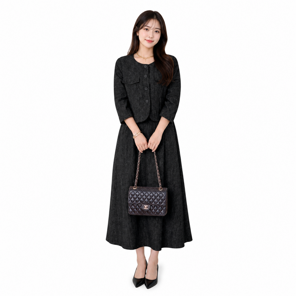 Korean-Style Tweed Two-Piece Skirt Set - HY001#