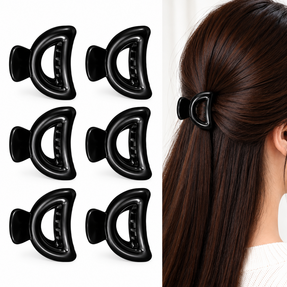 Fashionable Black Curved Design Hair Clips - 12 Pcs (A-15)