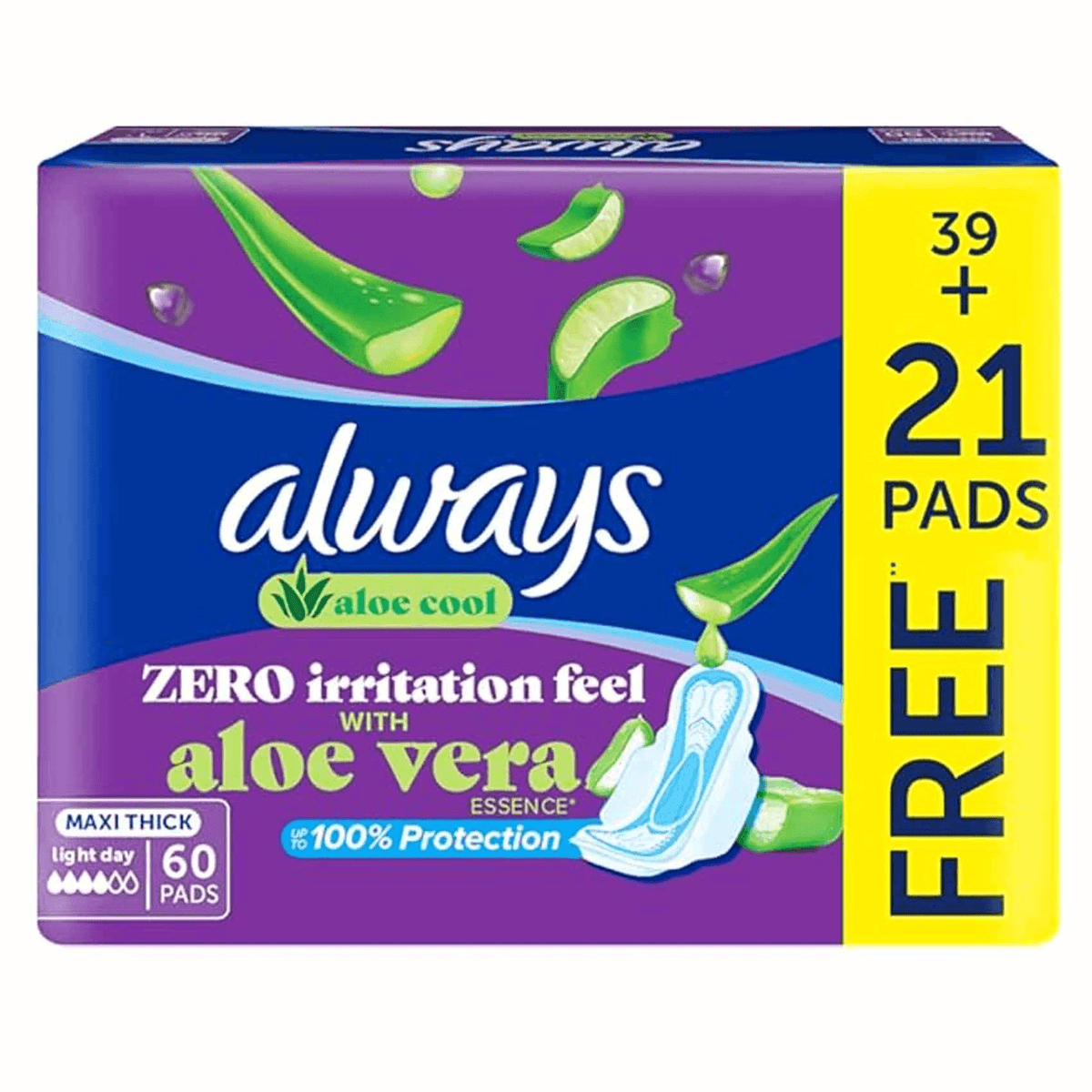 Always Aloe Cool Zero Irritation Feel Maxi Thick Long Pads - 60 Pads