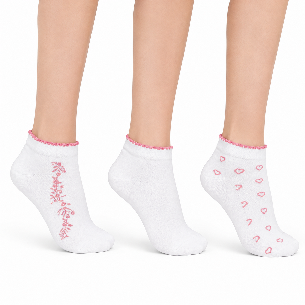 Embroidery Cotton Ankle Length Socks 3 Pairs Set - ALS3P02