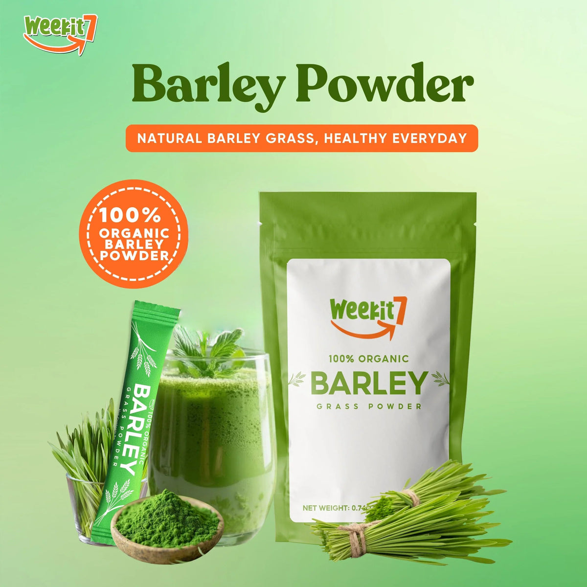 Weekit7 100% Organic Barley Grass Powder - 3g x 7 Sachets