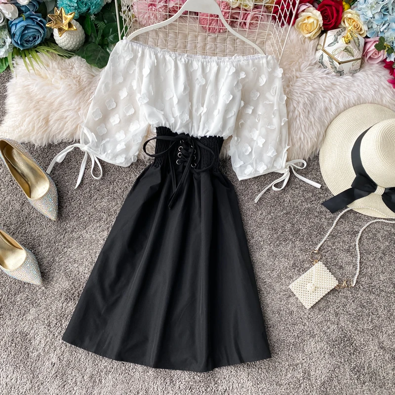 Slash Neck Solid Chiffon Puff Sleeve Flower Party Dress