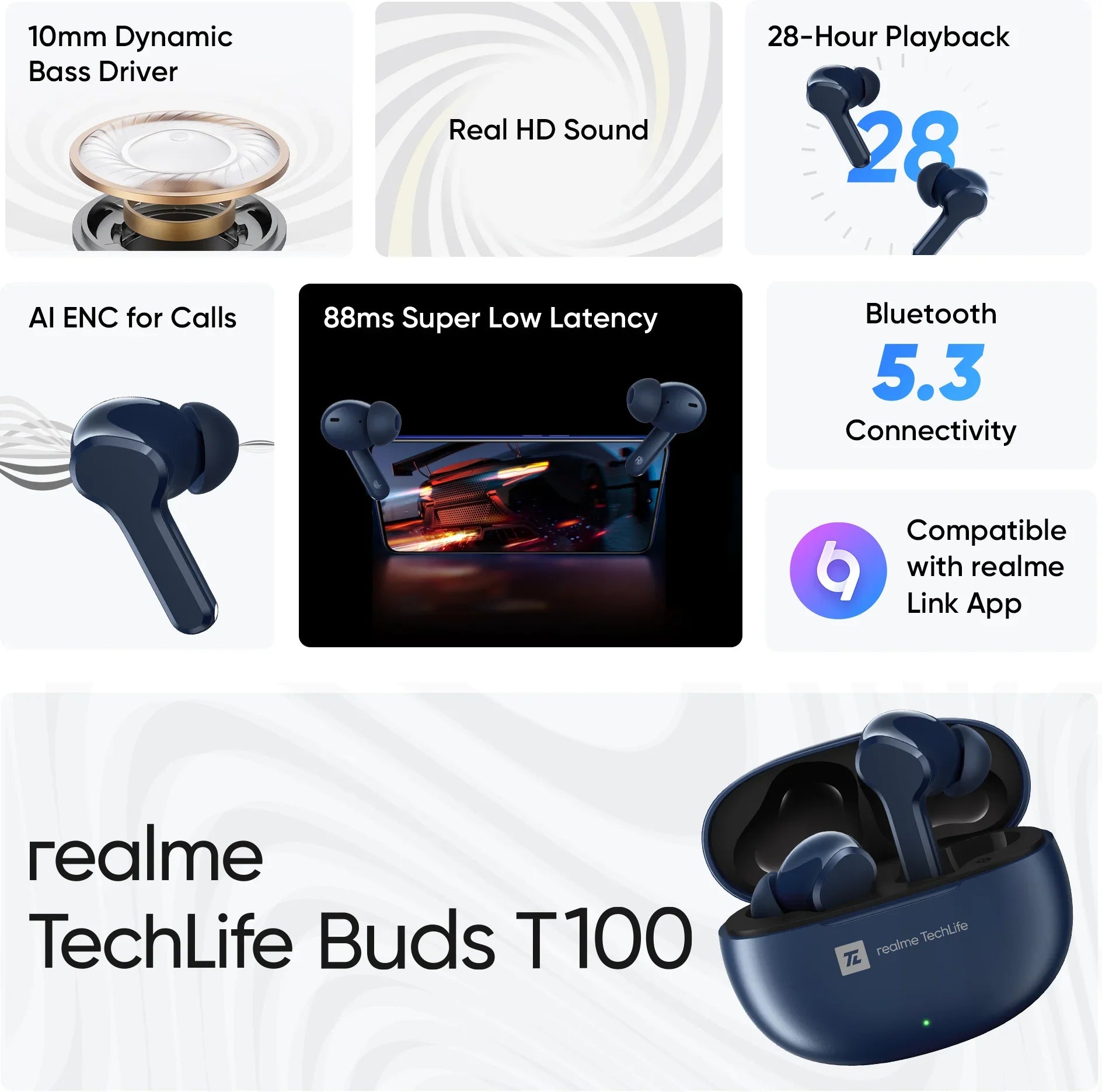 Realme T100 True Wireless Earbuds Original - Blue