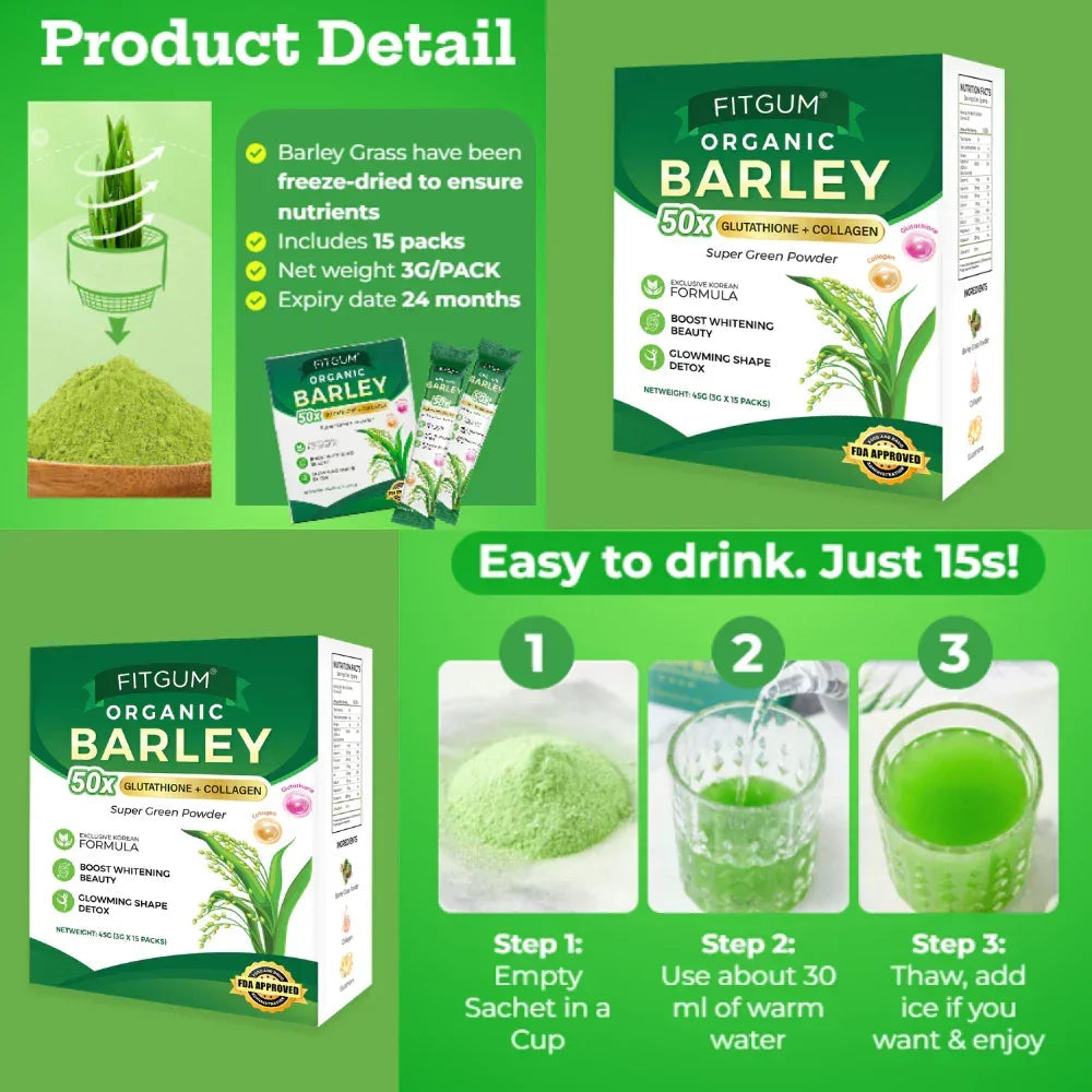 Fitgum Organic Barley Super Green Powder - 3g × 15 Packs
