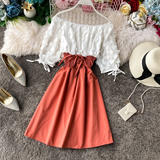 Slash Neck Solid Chiffon Puff Sleeve Flower Party Dress