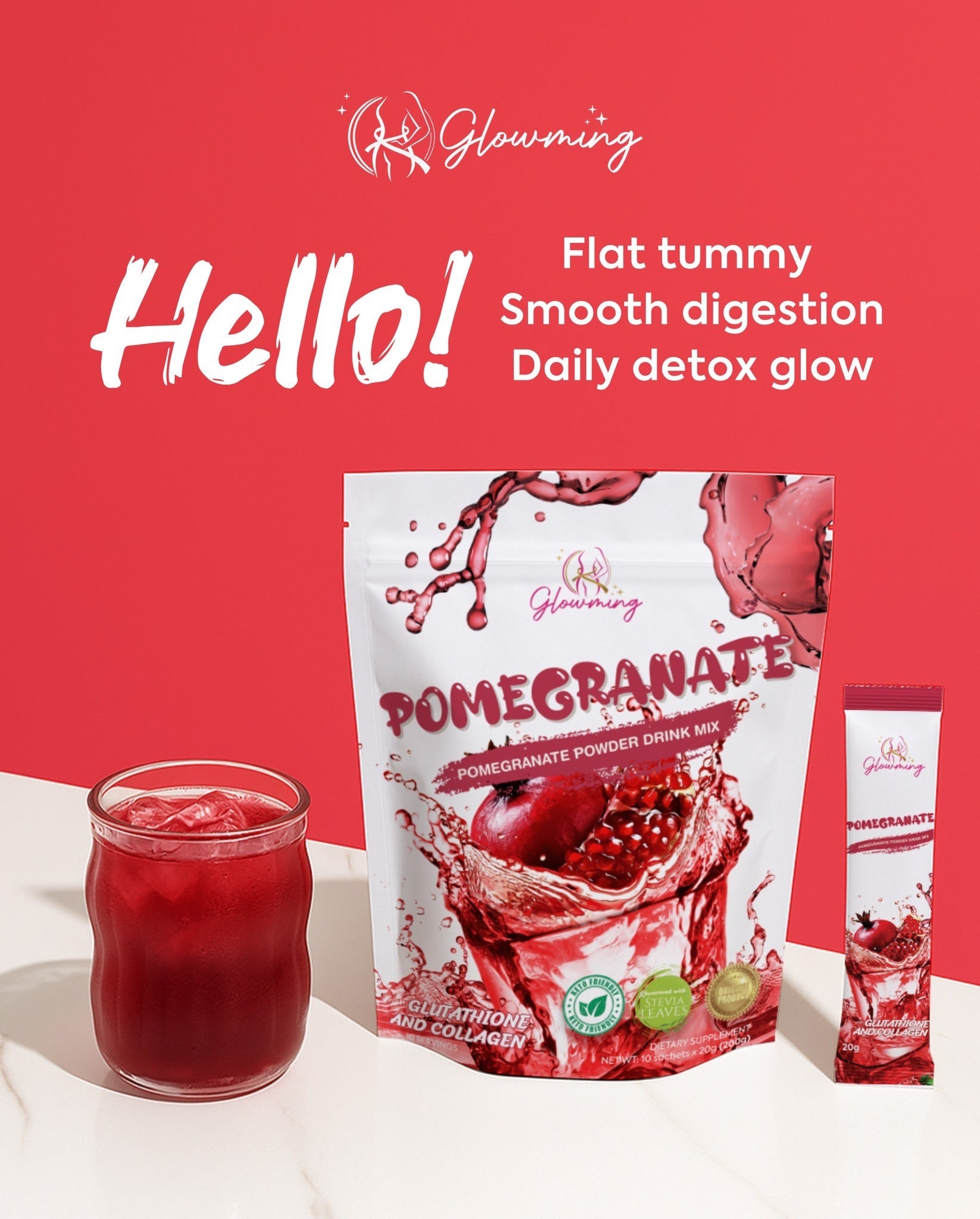 Glowming Pomegranate Powder Drink Mix - 10 Sachets x 20g