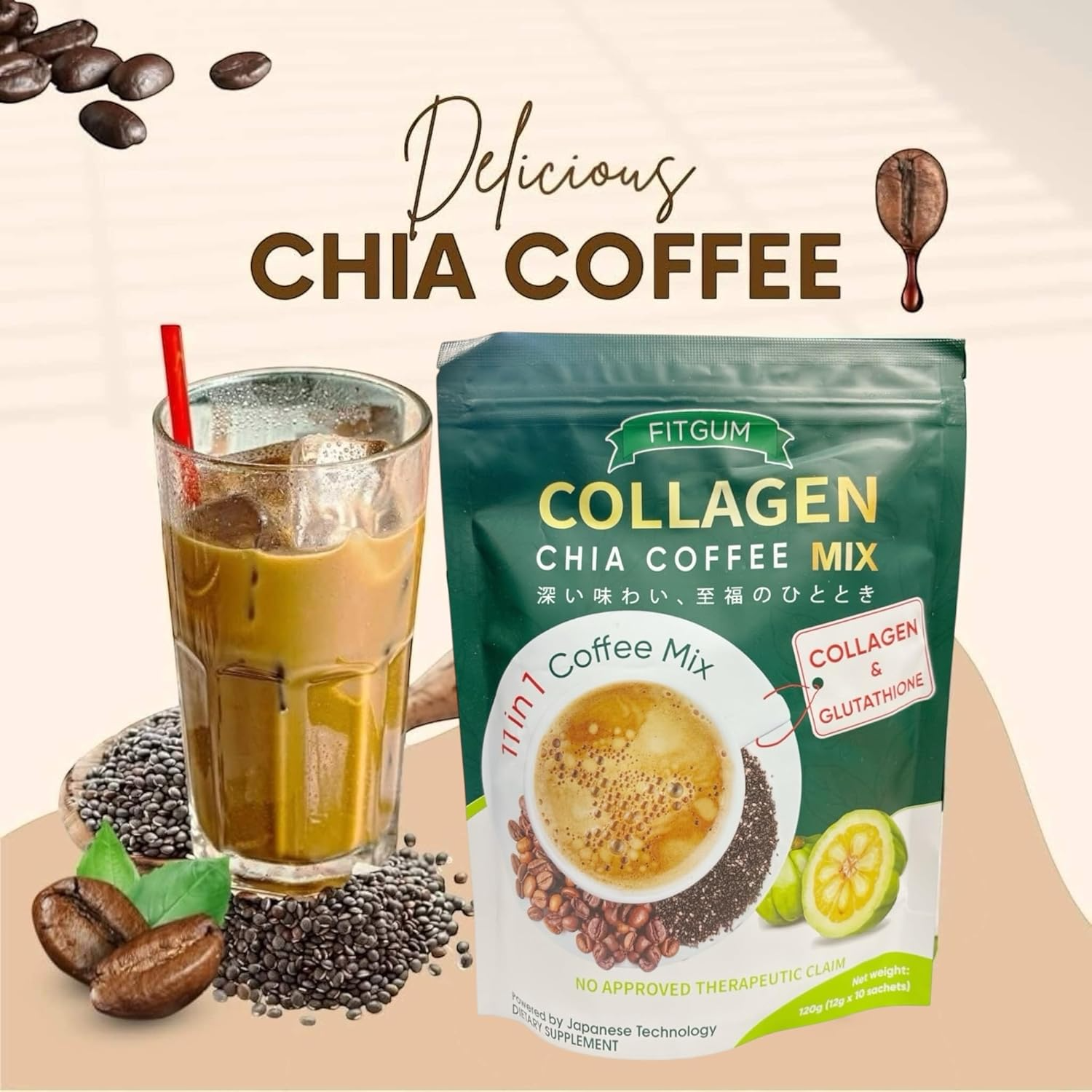 Fitgum Collagen Chia Coffee Mix - 12g x 10 Sachets