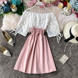 Slash Neck Solid Chiffon Puff Sleeve Flower Party Dress