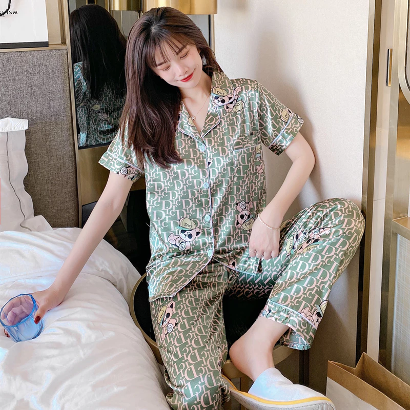 Women's Korean Fashion Silk Satin Pajamas Set