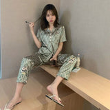 Women's Korean Fashion Silk Satin Pajamas Set