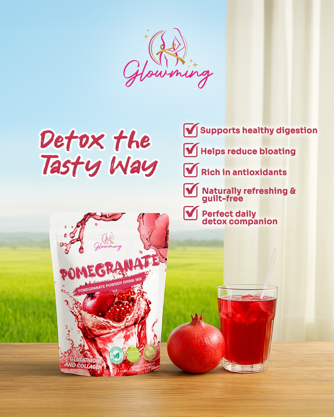 Glowming Pomegranate Powder Drink Mix - 10 Sachets x 20g