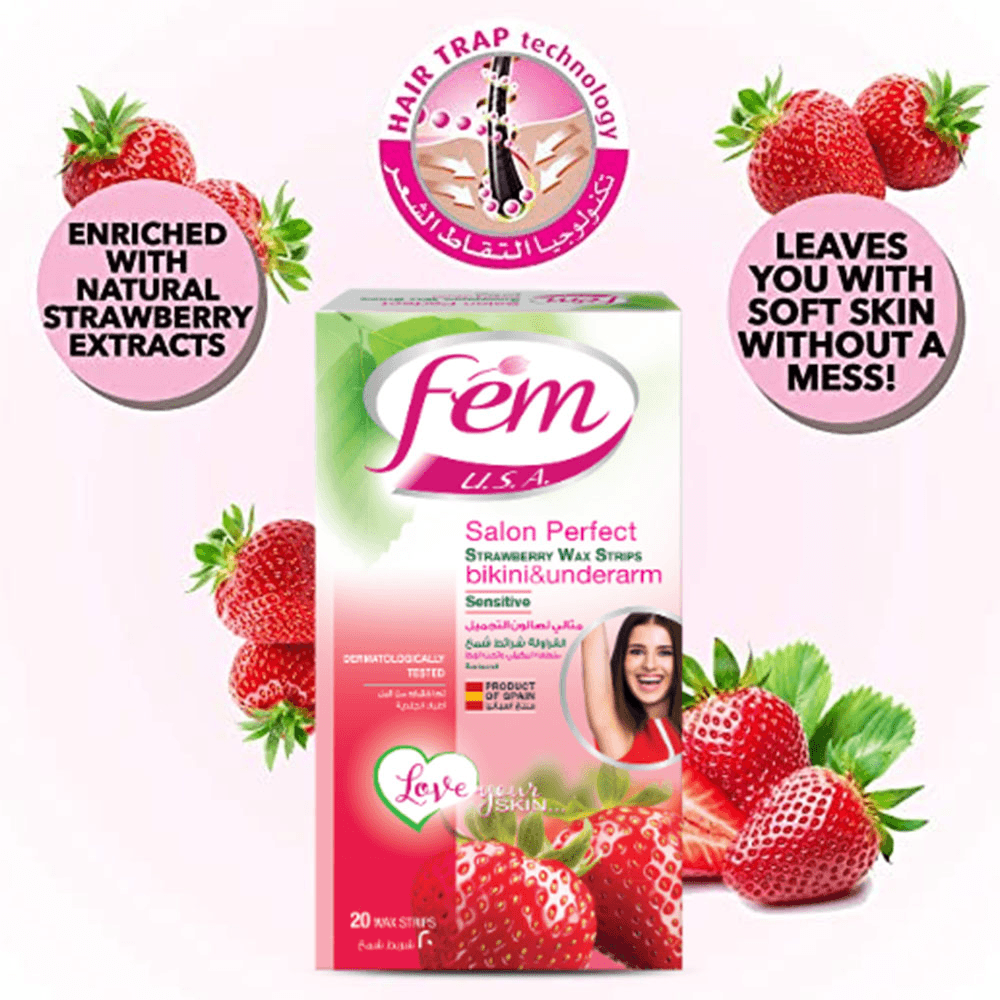 Fem USA Bikini & Underarms Strawberry Wax Strips For Sensitive Skin - 20Pcs