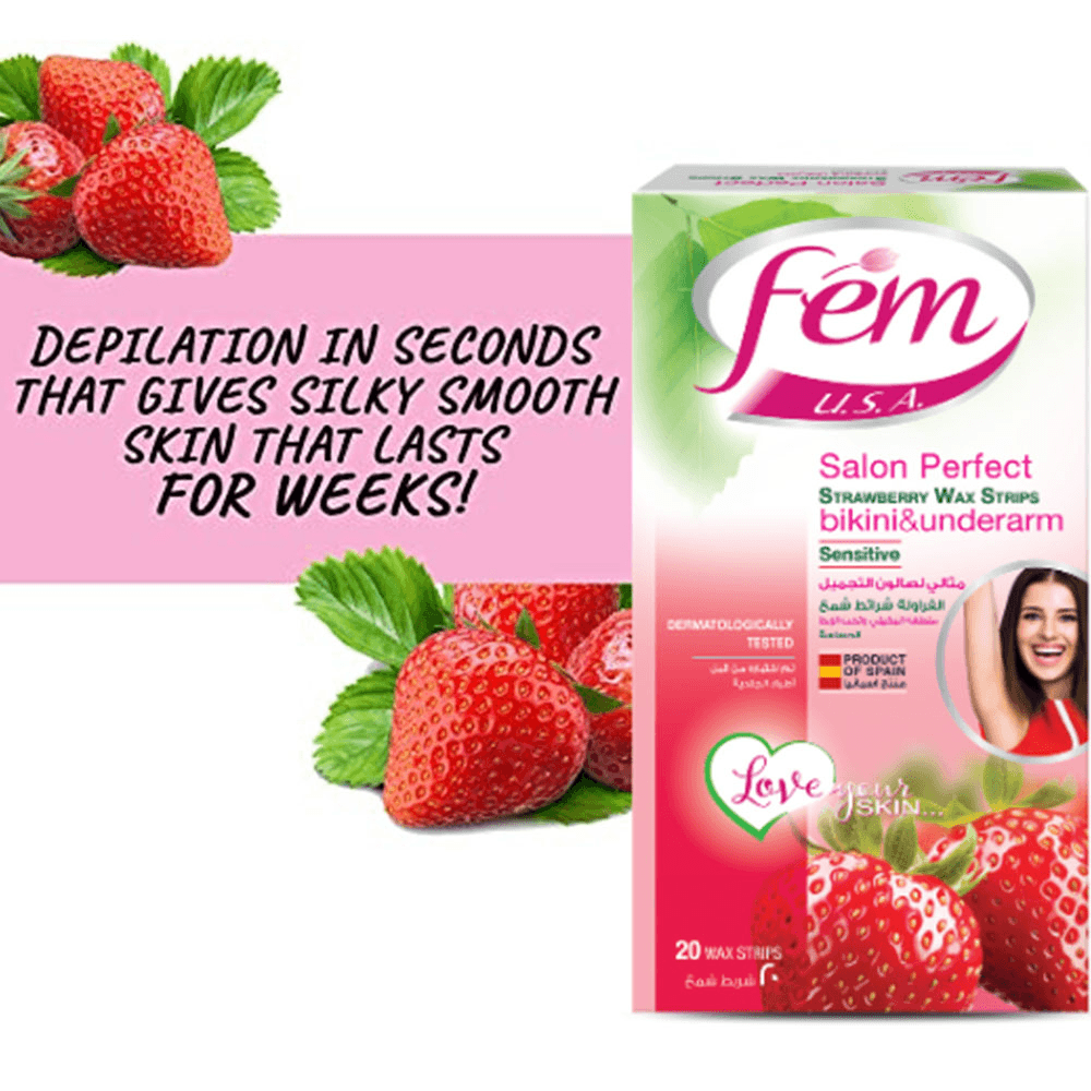 Fem USA Bikini & Underarms Strawberry Wax Strips For Sensitive Skin - 20Pcs