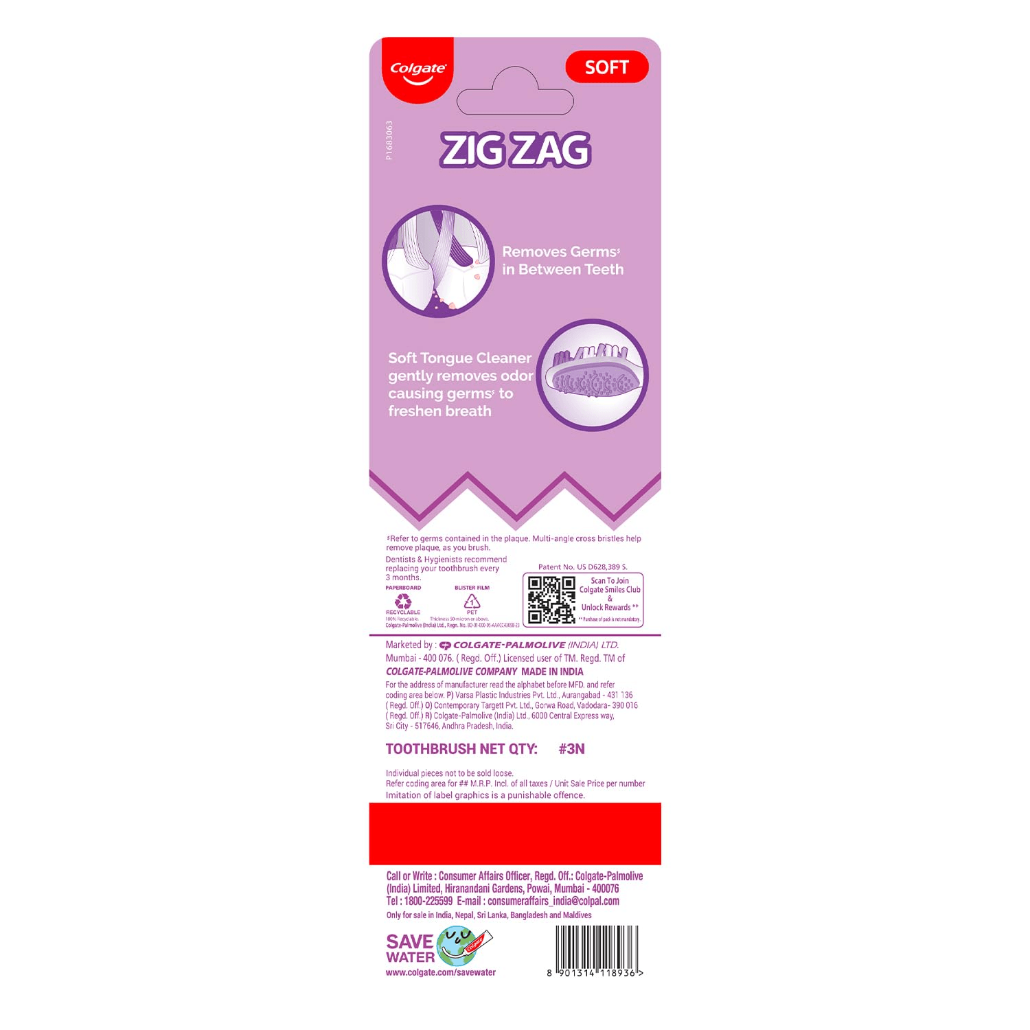 Colgate ZigZag Anti-Bacterial Toothbrush - Soft (Pack of 3)