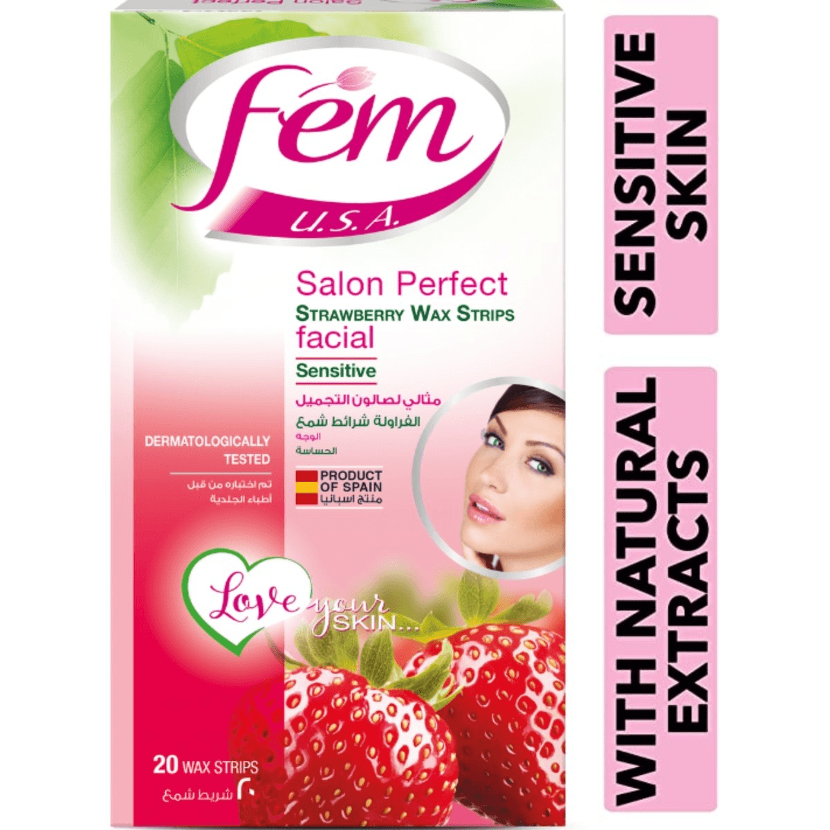 Fem USA Facial Strawberry Wax Strips For Sensitive Skin - 20Pcs