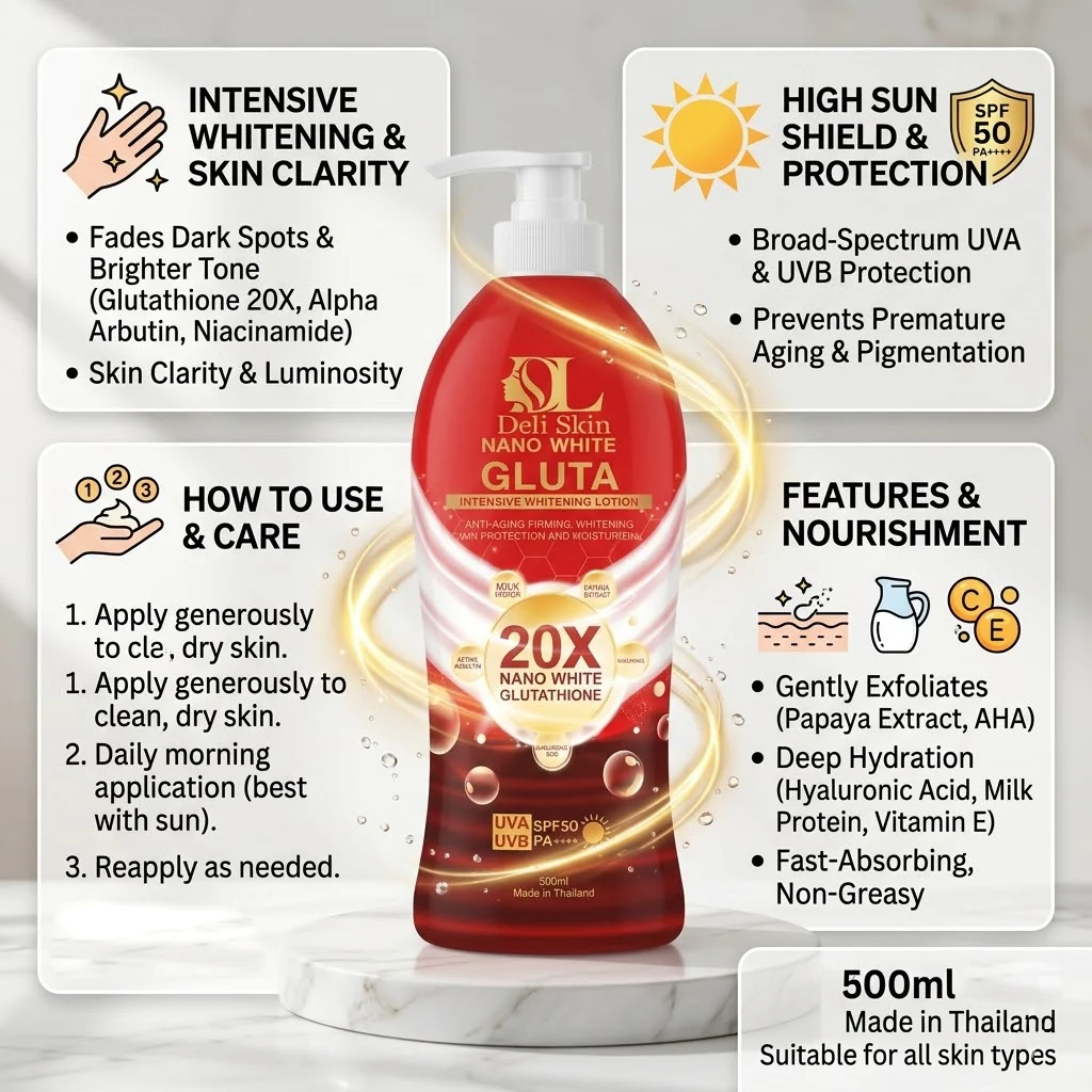 Deli Skin 20X Nano White Gluta Intensive Brightening Lotion - 500ml Moon Kuwait Deli Skin 20X Nano White Gluta Intensive Brightening Lotion - 500ml Moon Kuwait