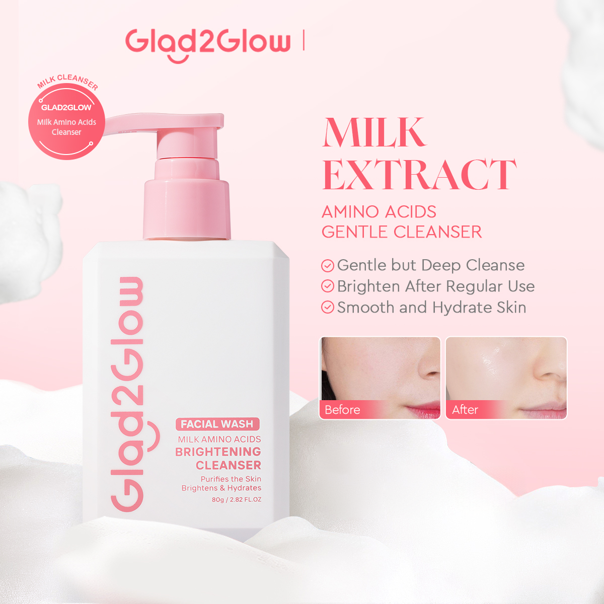 Glad2Glow Milk Amino Acids Brightening Cleanser Facial Wash - 80g