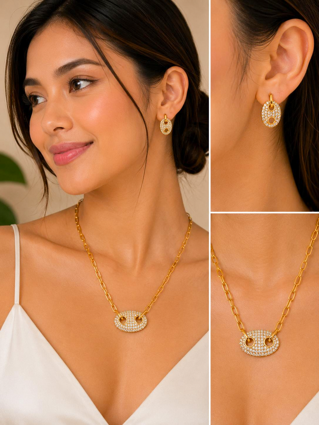 Women's Golden Duo Orbit Necklace & Earrings Jewelry Set - FJ243