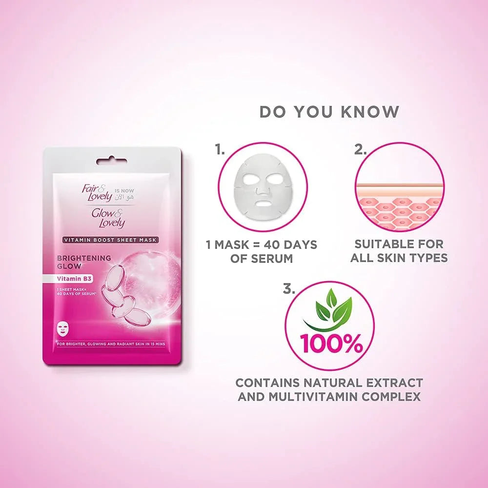 قناع ورقي لتفتيح البشرة بفيتامين B3 من Glow &amp; Lovely - 20 جم