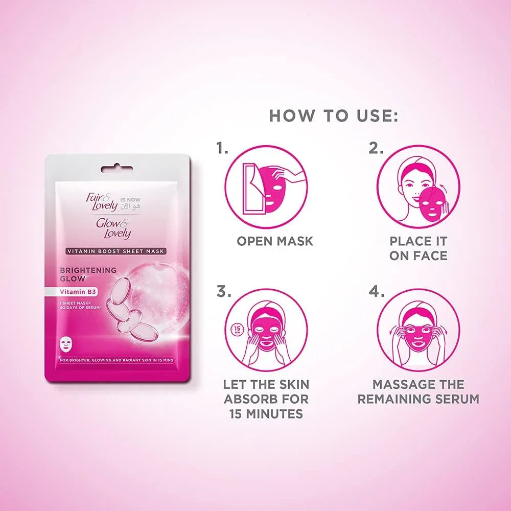 قناع ورقي لتفتيح البشرة بفيتامين B3 من Glow &amp; Lovely - 20 جم