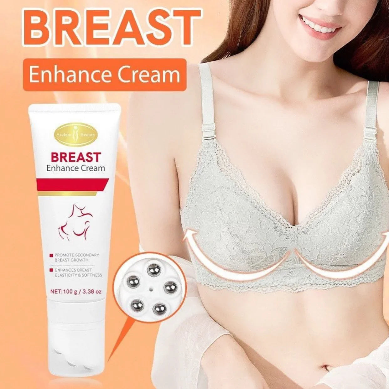 Aichun Beauty Breast Enhance Cream With Massage Roller Ball - 100g