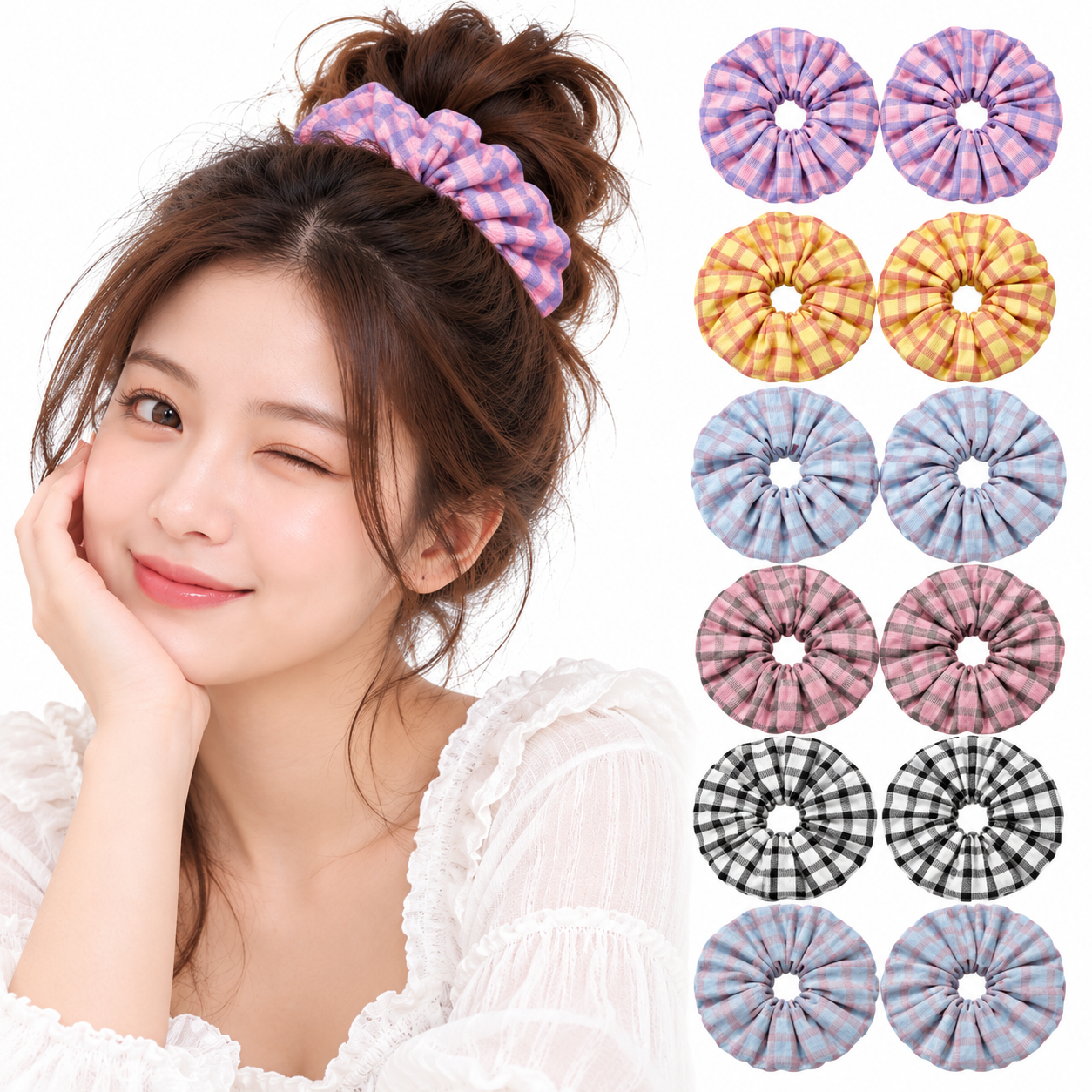 Women’s Multicolour Checked Hair Scrunchies - 12 Pcs