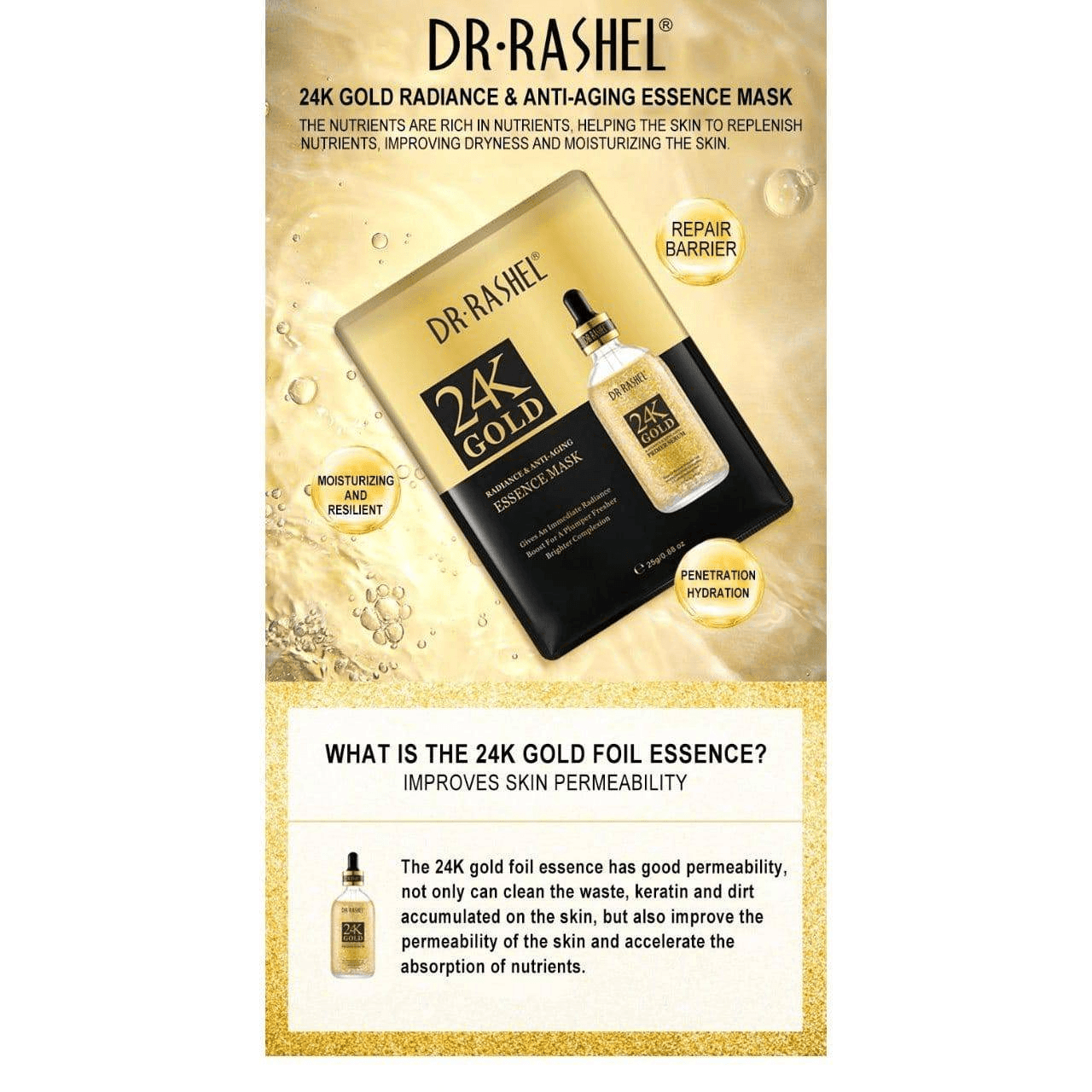 Dr.Rashel 24K Gold Radiance & Anti-Aging Essence Mask - 5 Pcs × 25g - Pinoyhyper