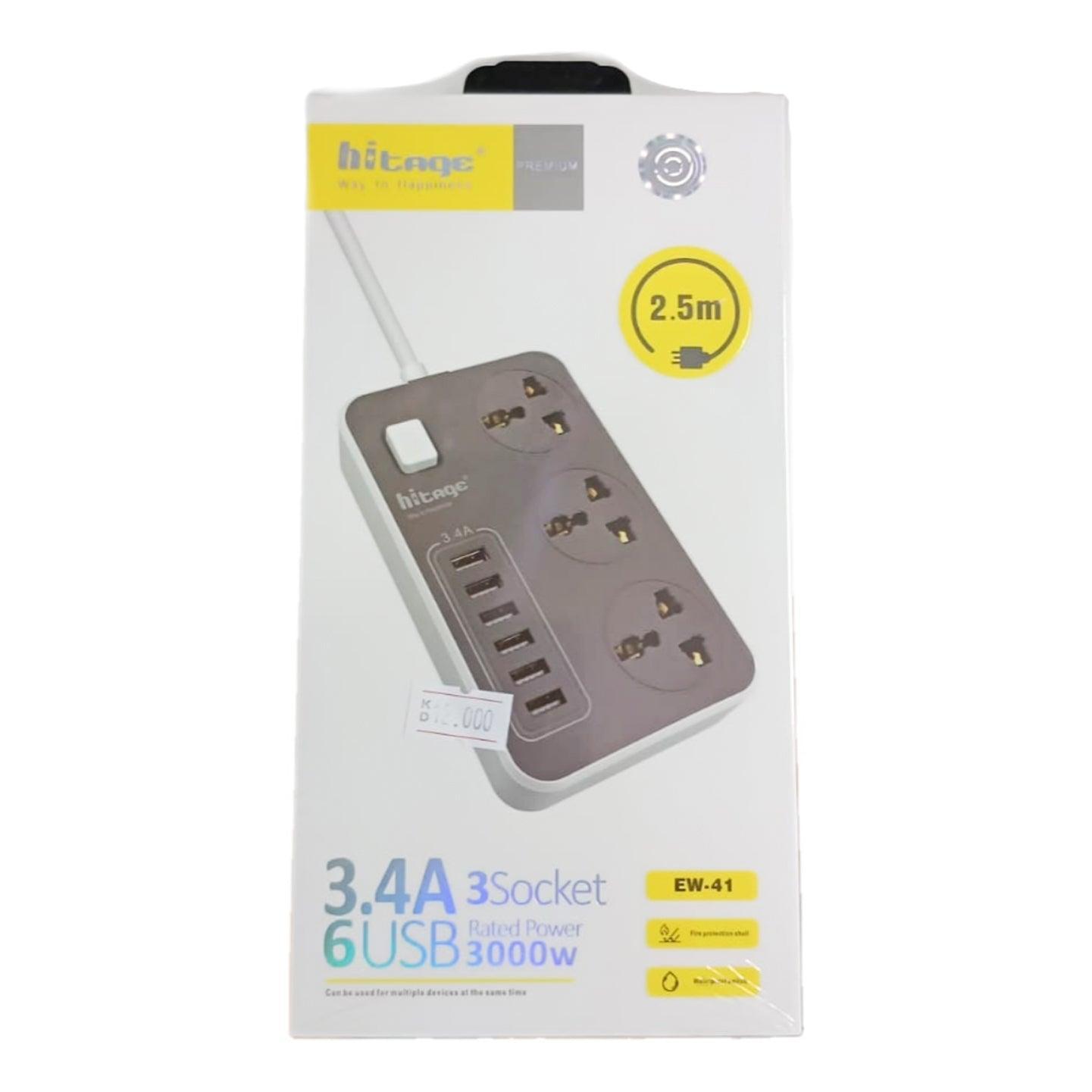 Hitage 6 USB Ports & 3 Power Socket Extension - 2.5M - Pinoyhyper