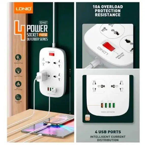 Ldnio Heavy-Duty Power Extension – 4 USB Fast Charger And 4 Power Socket - Pinoyhyper