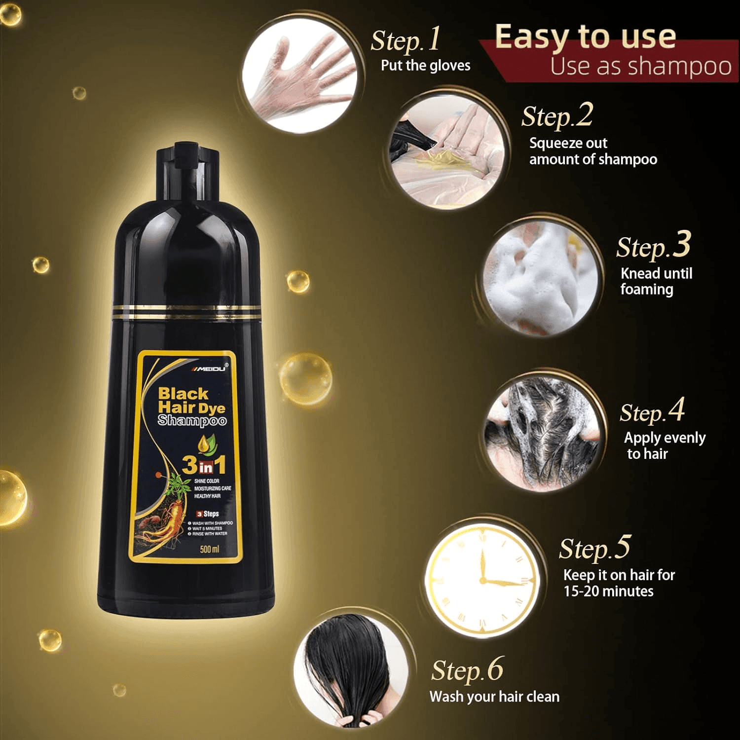 Meidu Hair Dye Shampoo 3 in 1 (1.0 Dark Black) - 500ml - Pinoyhyper